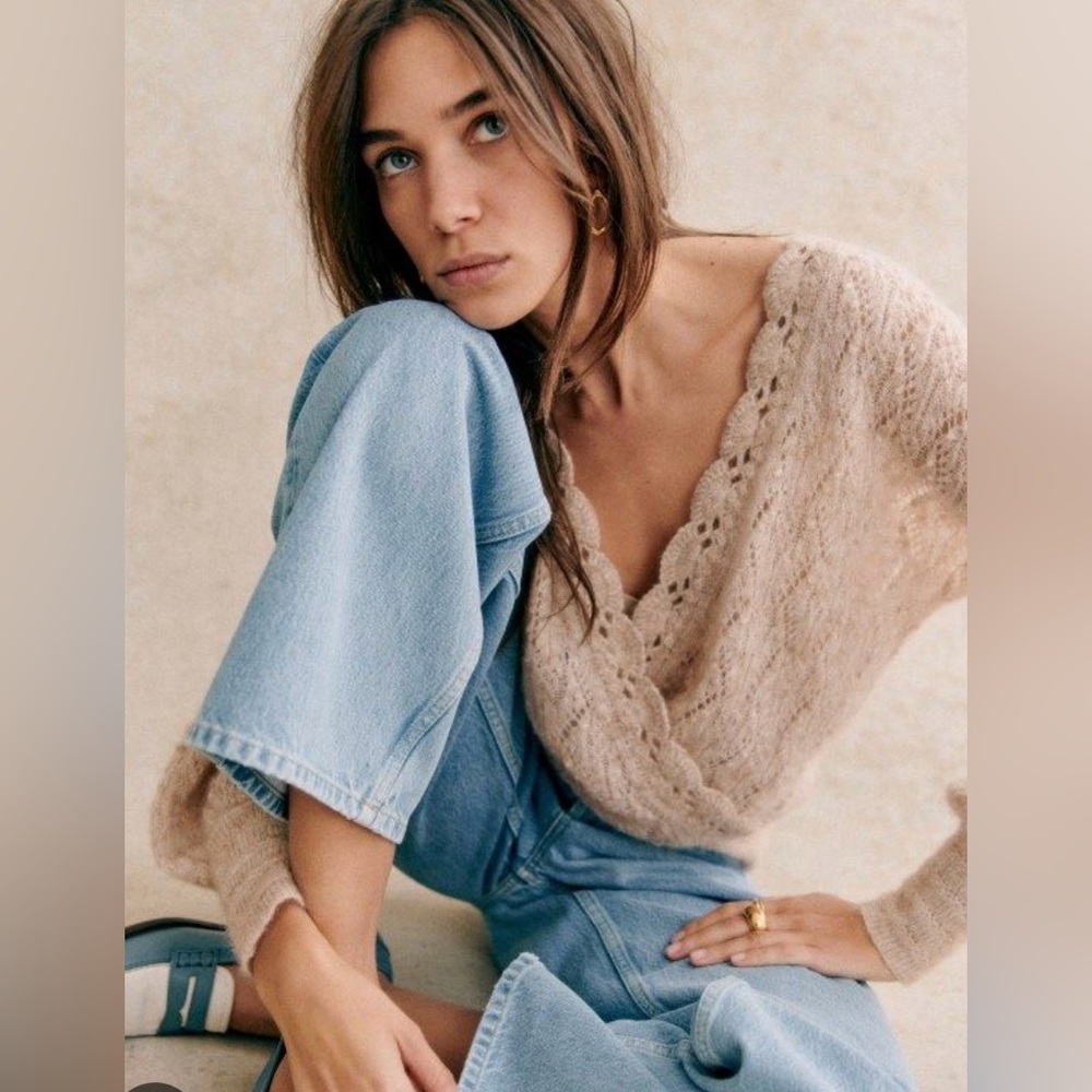 Sezane Cream Lace Knit Cardigan
